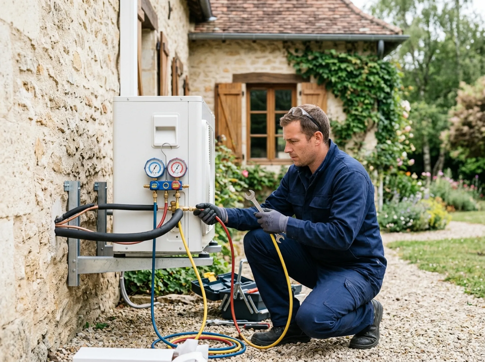Technicien Nos Énergies installant une pompe à chaleur air-eau